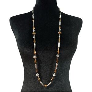 C 1946 Long Beaded Necklace Silver Tone Brown